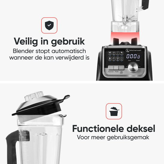 Kitchenwell Power Blender - 2000W - 2L - 9 Funktionen - Smoothie Maker - Edelstahl - Schwarz