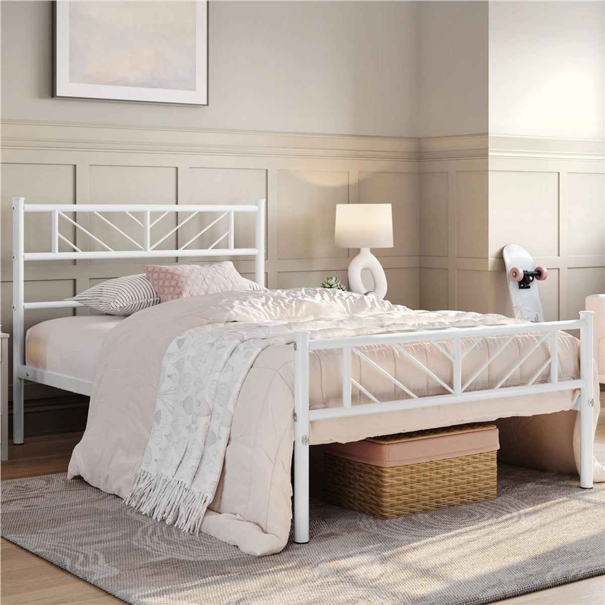 Yaheetech Metall-Bettgestell 90 x 190 cm – 196,5 x 96 x 88,5 cm – Weiß – 32 cm hoch – mit Kopfteil