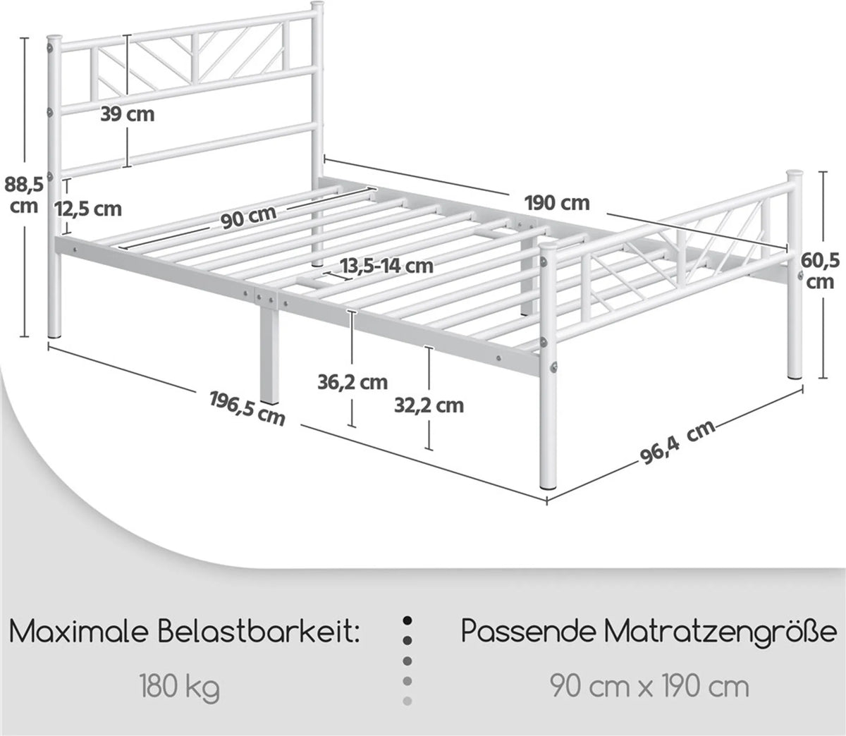 Yaheetech Metall-Bettgestell 90 x 190 cm – 196,5 x 96 x 88,5 cm – Weiß – 32 cm hoch – mit Kopfteil