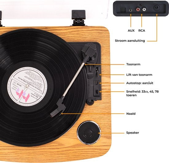 Denver VPL230 Retro Plattenspieler - Bluetooth - USB Aufnahme - 3 Geschwindigkeiten - Lautsprecher - Holz