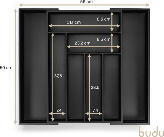 Budu Extendable Bamboo Cutlery Tray #50 (50 cm tief) - Schwarz - Besteckkassette Holz - Besteckschublade - 50 x 34.1 - 56 cm - 6/8 Fächer
