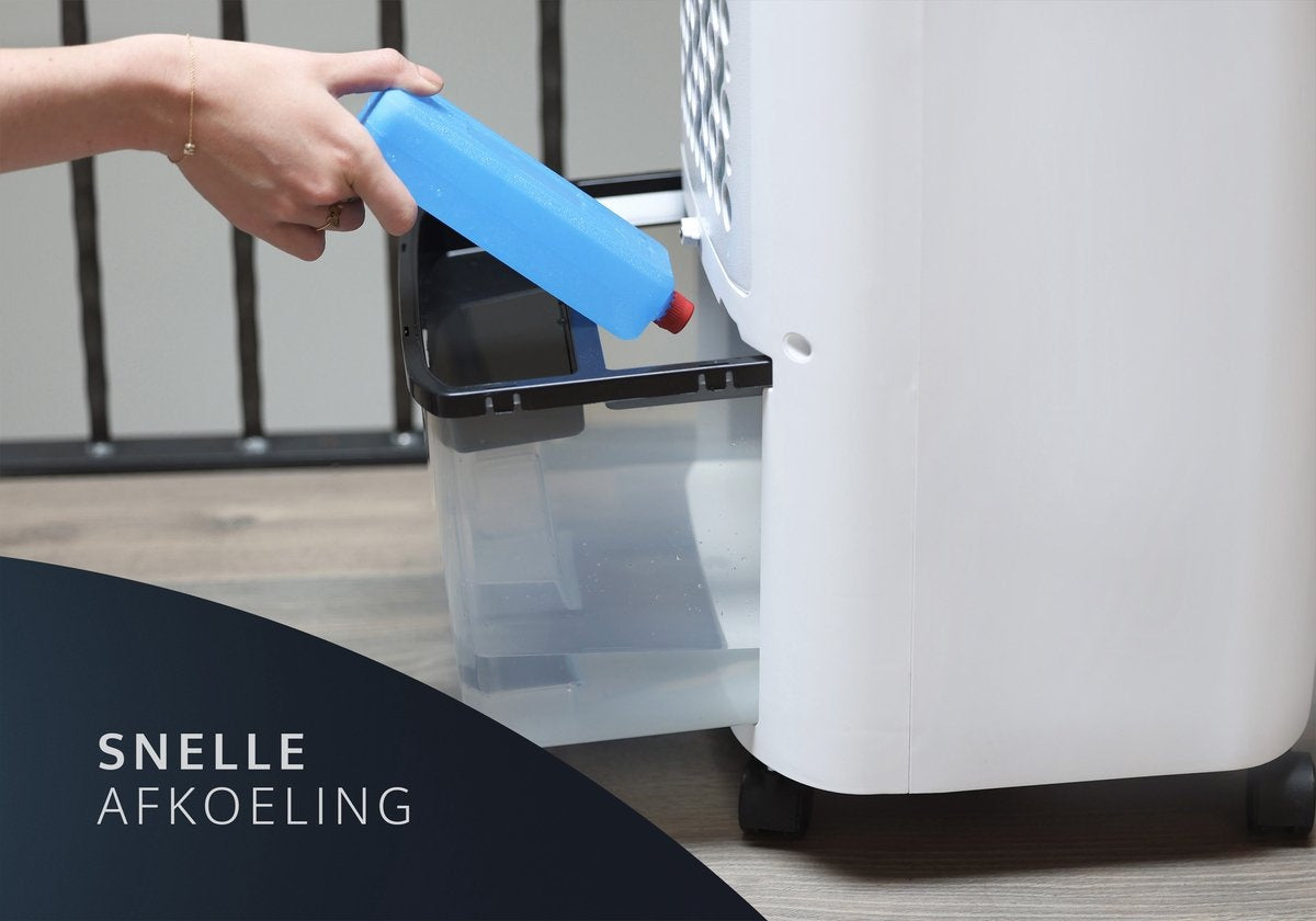 JAP Edmonton - 4in1 Mobiles Klimagerät mit Wasser - Fernbedienung und Timer - Inkl. Kühlelemente - Oszillierender Luftbefeuchter - Standventilator - Mattweiß
