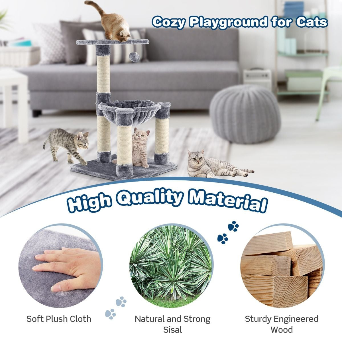 Coast Multi -Storey Scratching Post Soft Wrapped Kratzbaum mit einer gemütlichen Hängematte grau