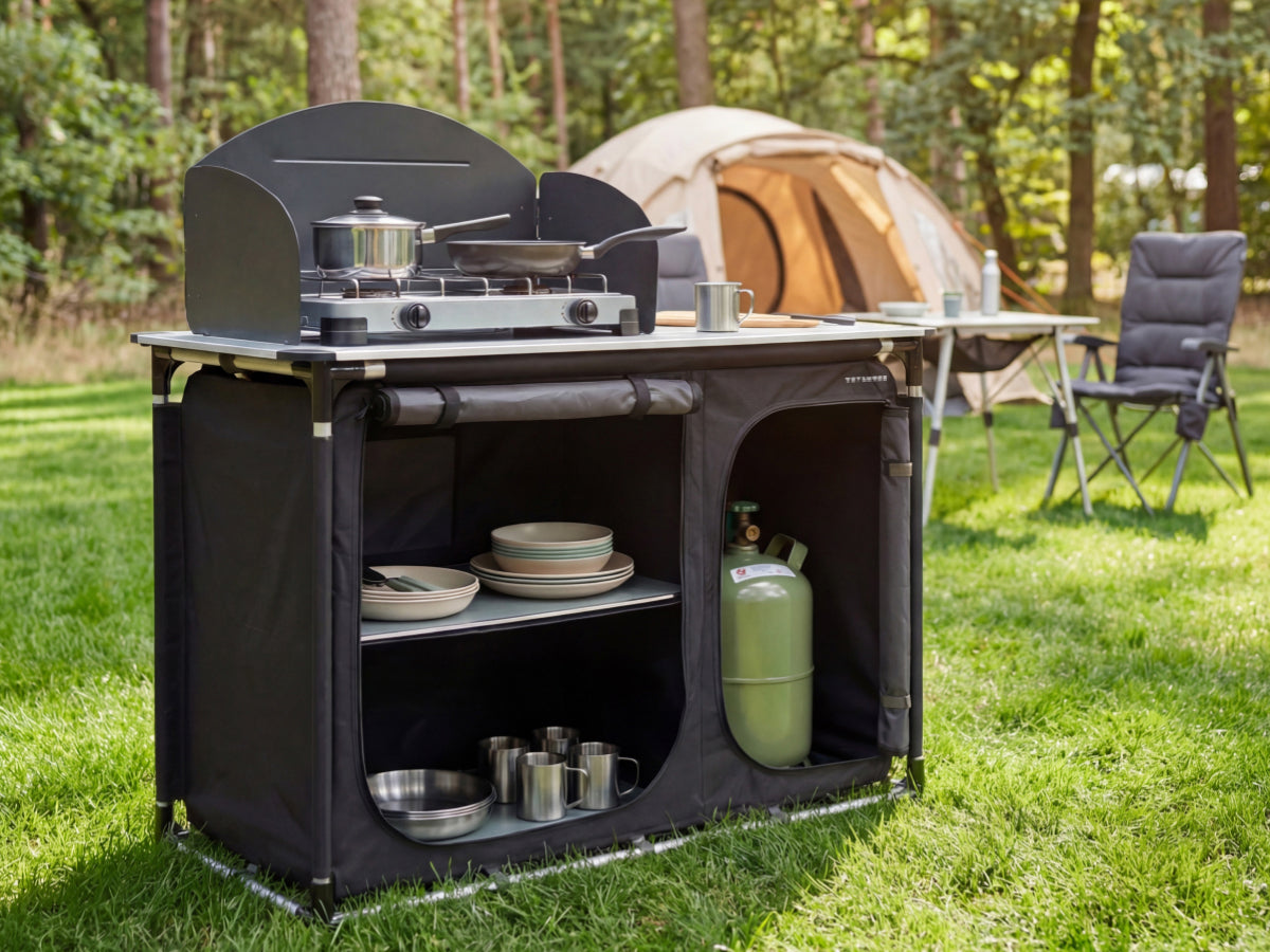 Trvlmore Campingküche mit Windschutz und Spülbecken – 120 x 120 x 83 cm