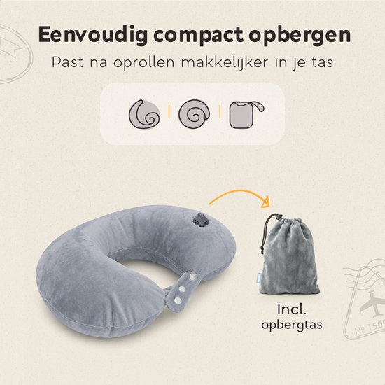 TRAVARA Nackenkissen „The Puffer“ – Aufblasbares Reisekissen – Für das Flugzeug – Autokissen – Travel Pillow – Grau