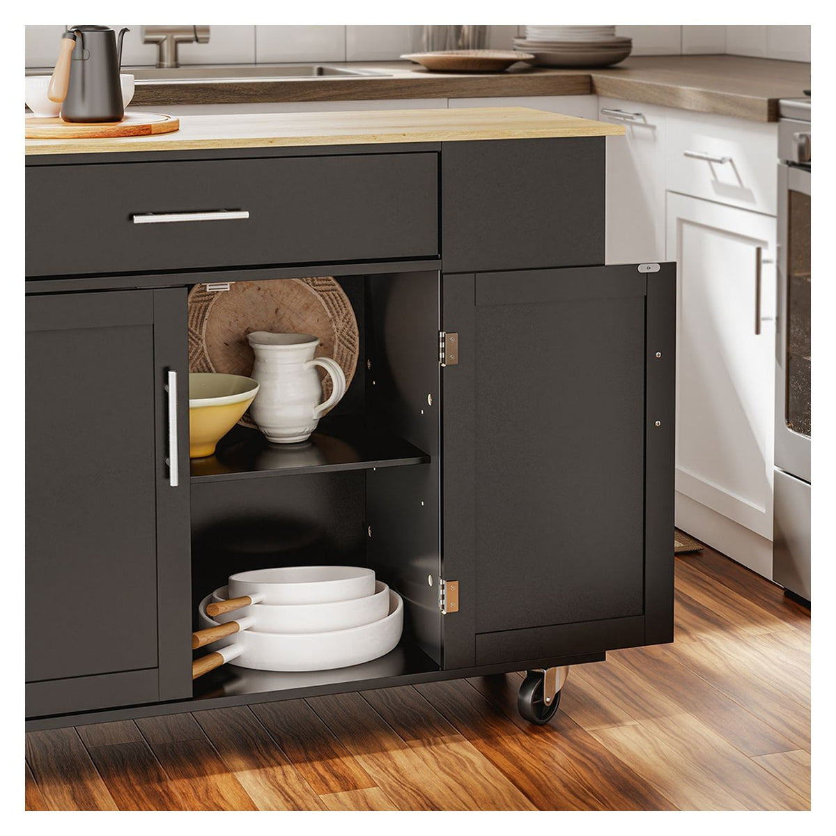 SoBuy Küchenwagen 99 x 40 x 84,3 cm – Schwarz – 2 Türen – Schublade – 4 Rollen