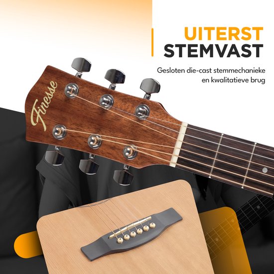 Finesse Premium Akustikgitarre – mit Videokurs – 4/4 41" – Massives Fichtenholz – Western-Gitarre – Gitarre für Kinder und Erwachsene – Natur