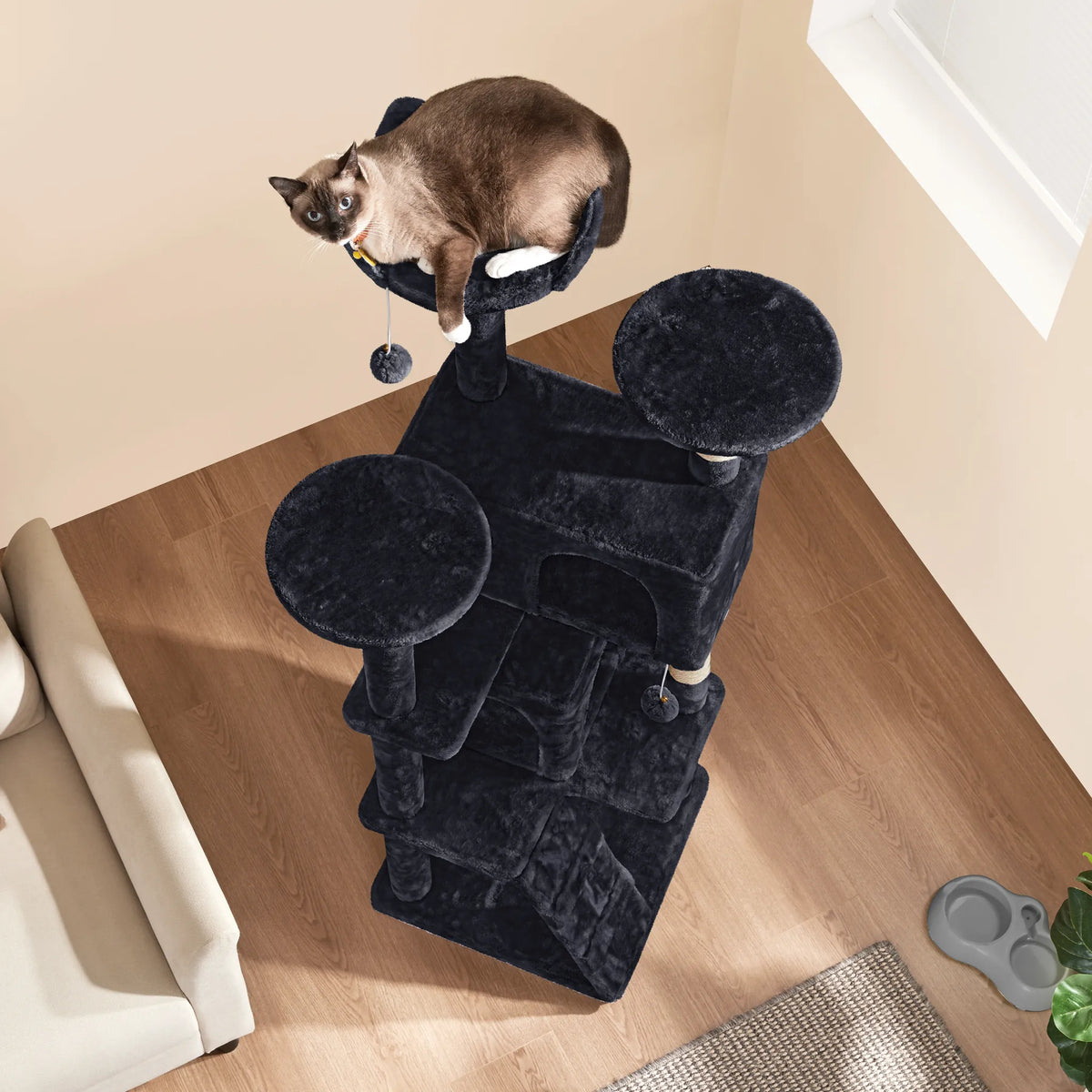 Yaheetech Kratzbaum mit 2 Höhlen – 158 cm hoch – 49 x 49 cm – Schwarz