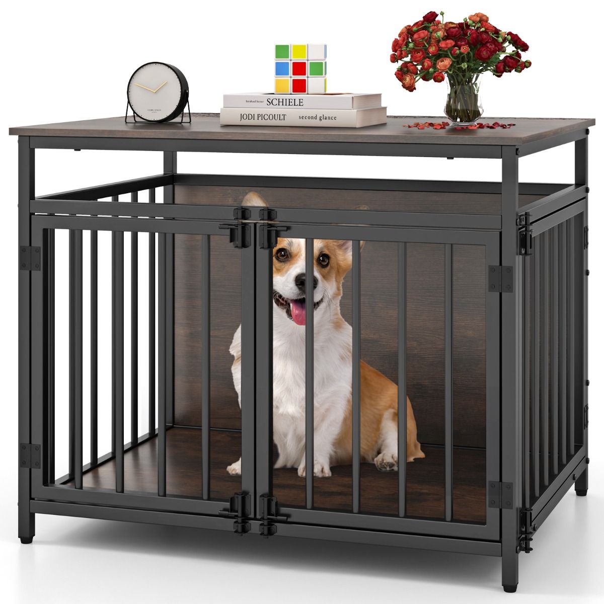 Coast Hundebox-Möbel – 3 Türen – Beistelltischfunktion – rustikales Braun und Schwarz – 80 x 60 x 64 cm