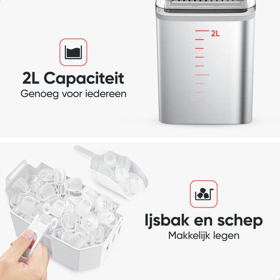 Kitchenwell Eiswürfelbereiter - 2L - 12kg/24 Stunden - Selbstreinigungsfunktion - Silber