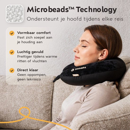 TRAVARA Nackenkissen „The Snuggo“ – Reisekissen mit Mikroperlen für Flugzeug und Auto – Travel Pillow – Schwarz