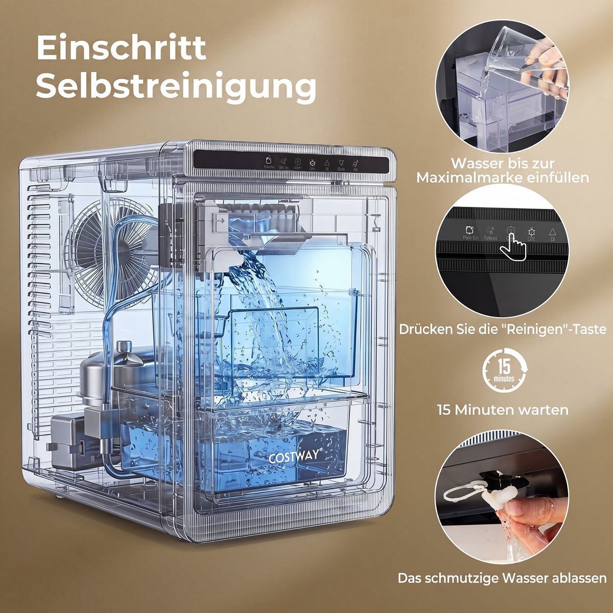 Coast Eiswürfelmaschine – 2 Einstellungen – 24-Stunden-Timer – 4 cm große quadratische Eiswürfel – schwarz und silber