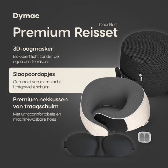 Dymac CloudRest Reisekissen - Nackenkissen - Nackenstütze - Memory Foam Reisekissen - Inklusive Augenmaske & Ohrstöpsel - Mit Reiseetui - Beige