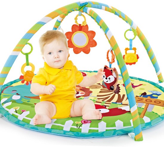 FUEGOBIRD – Baby-Spielmatte – Colorful Zoo – Deluxe-Spielmatte – Spielzeug zum Erkunden von Farben und zum Greifen – Schöne Klänge – Förderendes Spiel für Babys ab 2 Monaten – Rund