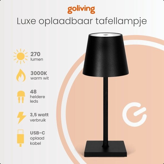 Goliving Tischlampe Wiederaufladbar - Kabellos und dimmbar - Moderne Touch-Lampe - Nachtlampe für das Schlafzimmer - 26 cm - Schwarz
