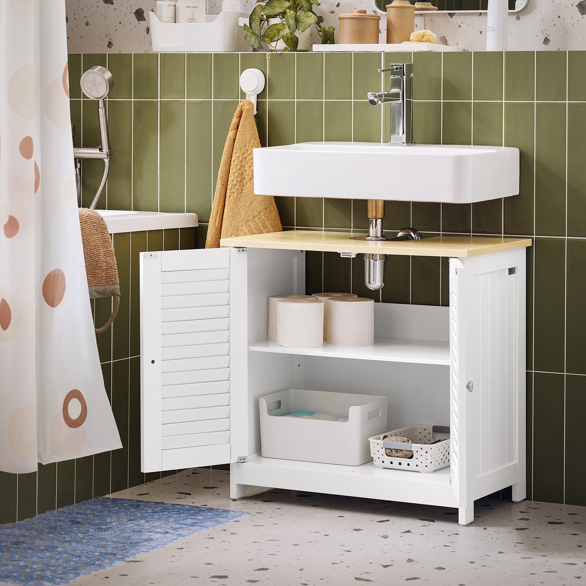 SoBuy Badezimmerschrank FRG237-WN – Waschtischunterschrank – Lamellentür – 60 x 35 x 59 cm – Dunkelgrau
