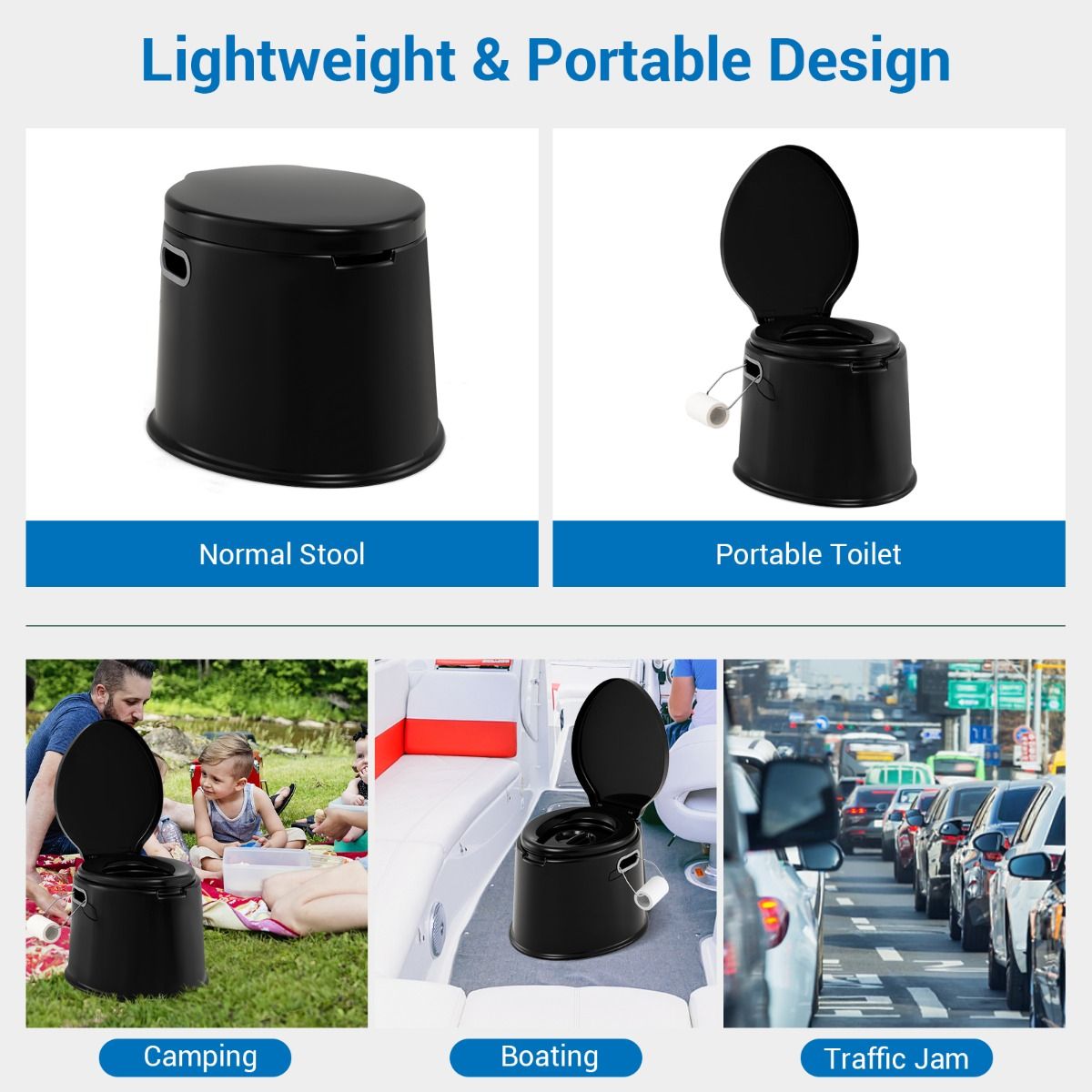 coast Tragbare Reisetoilette 41x49x34 cm Schwarz Leichtgewicht mit herausnehmbarem Inneneimer und Toilettenpapierhalter