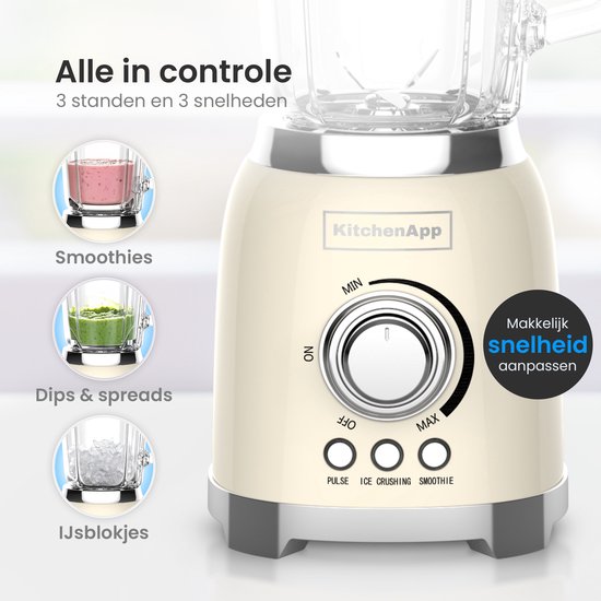 KitchenApp Retro Blender 1.5L - Glaskrug - 800W - Crushed Ice, Smoothie & Pulse - Beige