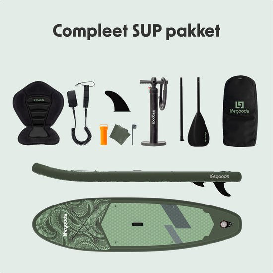 LifeGoods SUP Board All-round Compact - mit Sitz - 100 KG Tragfähigkeit - 300 x 76 cm - Aufblasbar - Komplettes SUP Paket - Grün/Leger Grün