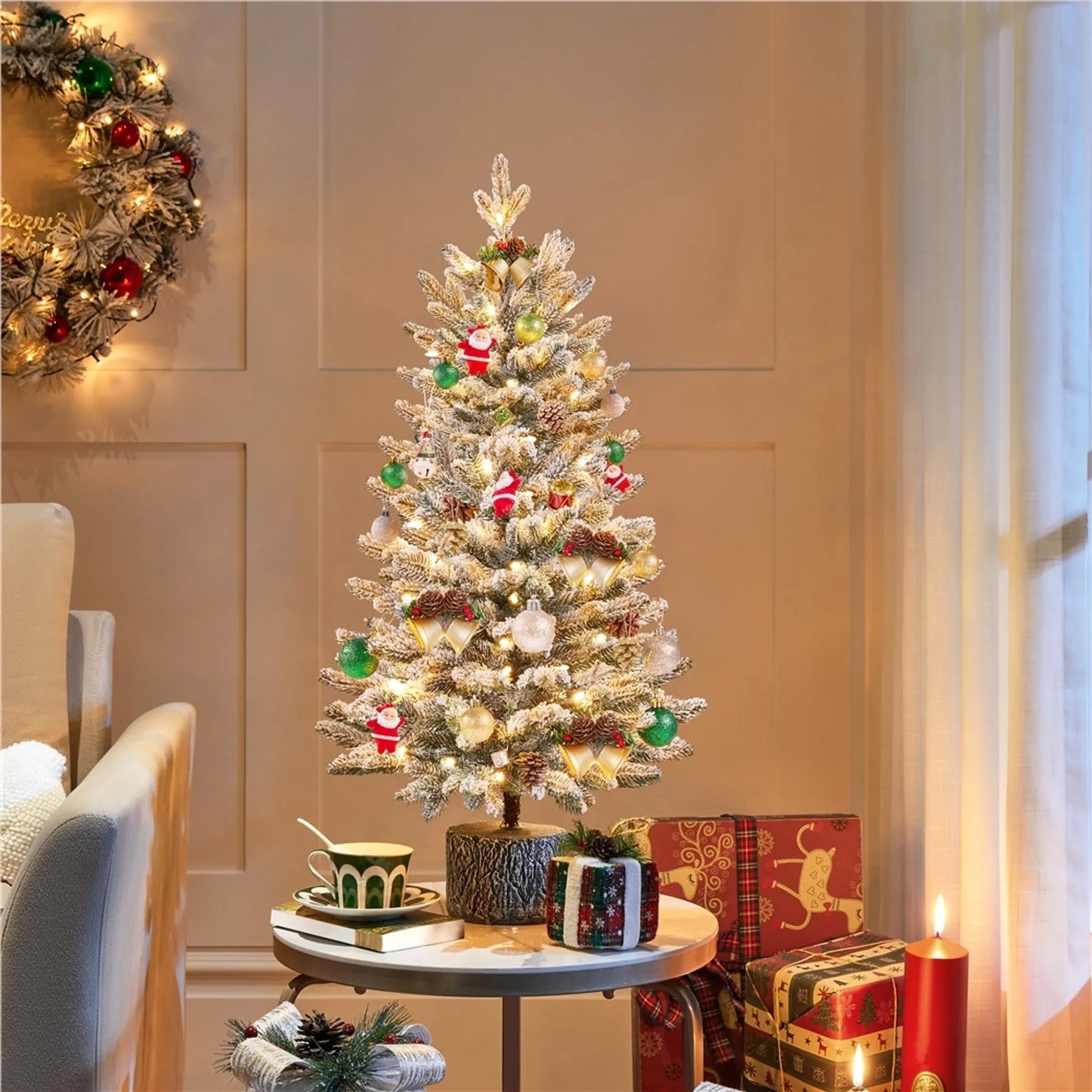 Yaheetech Tisch-Weihnachtsbaum mit Schnee und Lichtern - Φ55 x 92 cm - Mit 355 Zweigen und 50 LED-Lichtern und realistischem Stamm - Für Fensterbank und draußen - Grünes PVC und Metall