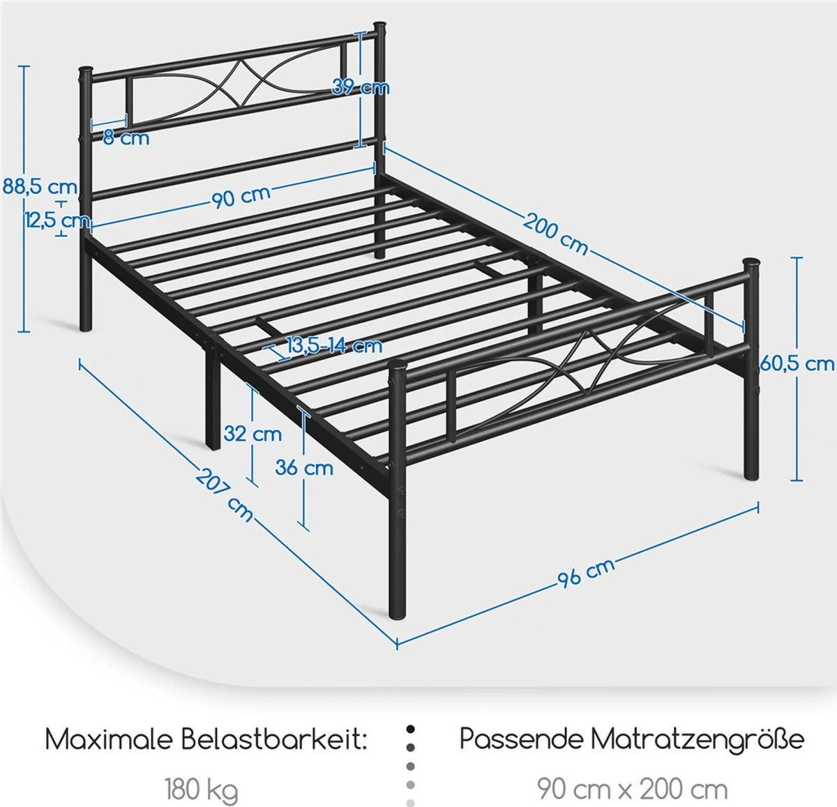 Yaheetech Metallbettgestell 90 x 200 cm – Schwarz – 204 kg – Mit Kopf- und Fußteil – 32 cm Stauraum unter dem Bett