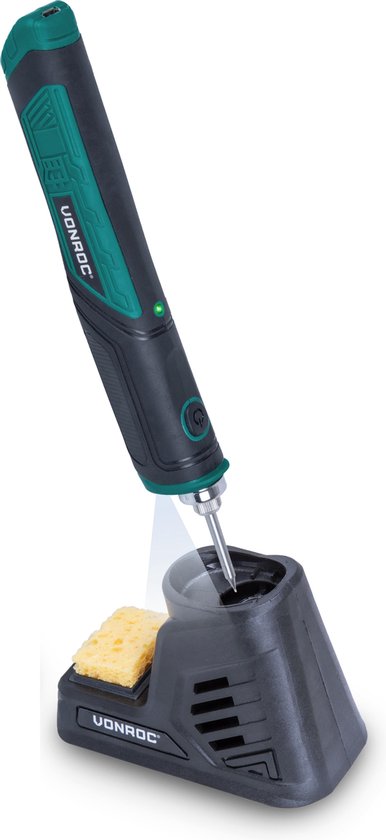 VONROC Lötkolben 4V â€“ Max. 450Â°C â€“ Inkl. Lötkolbenhalter mit Schwamm, Lötzinn und Spitzen