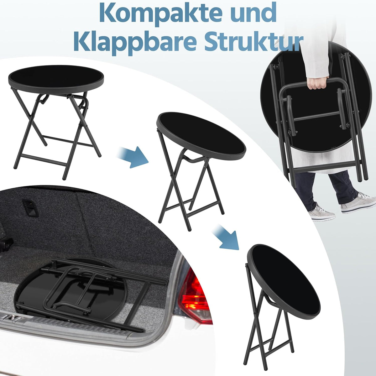 Yaheetech Runder Klapptisch Ø 46 cm – schwarzes Glas und Metall, wetterfest