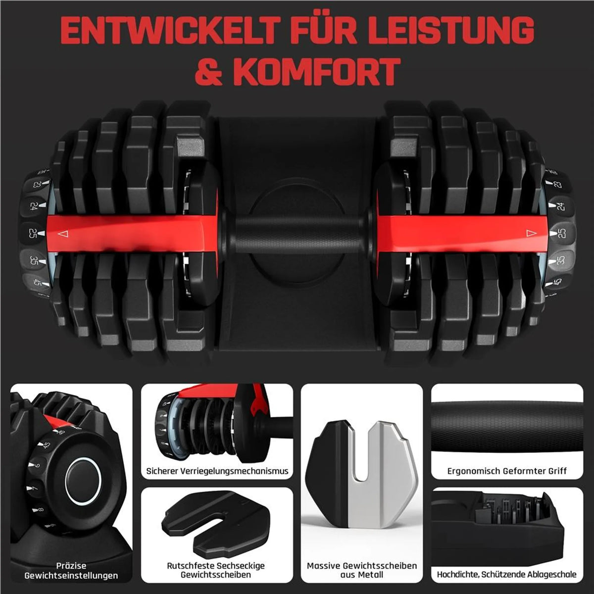 Yaheetech Verstellbares Hantelset 2,5–24 kg – 15-in-1-Schnellverstellung – Schwarz/Rot – 42 × 21,5 × 22 cm