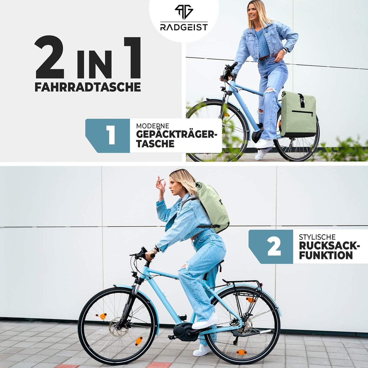 RADGEIST Fahrradtasche für Gepäckträger - Fahrradtasche & Rucksack - Für Frauen & Männer - 20L - Mint