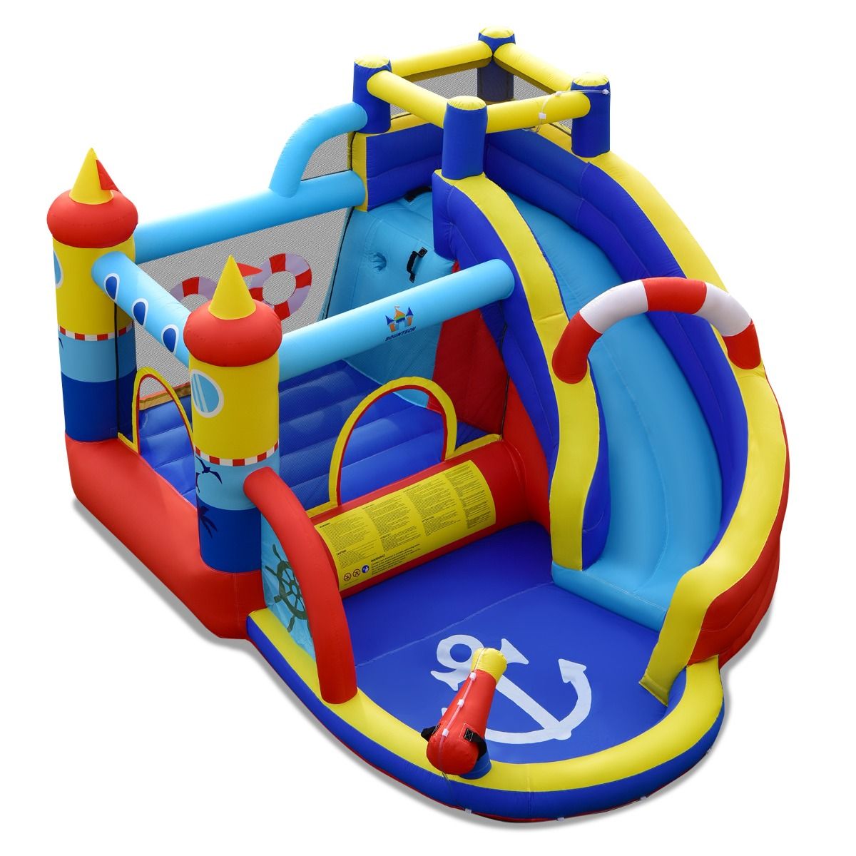 Coast Aufblasbare Spielburg „Piratenschiff“ – 5-in-1-Wasserpark mit Rutsche und Kletterwand – inklusive Wasserpistole und Ventilator – 360 x 290 x 200 cm
