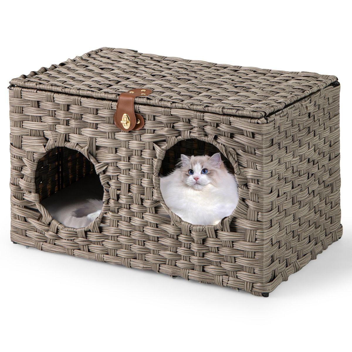 Coast Katzenhaus aus Schilf – zusammenklappbares Katzenbett – abnehmbares Kissen – verschließbarer Deckel – 60 x 35 x 35 cm