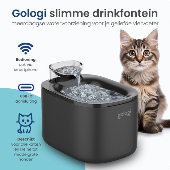 Gologi Trinkbrunnen Katze und Hund - 3.5L - Smart Water Fountain mit App - Katzenbrunnen - Silent - Schwarz