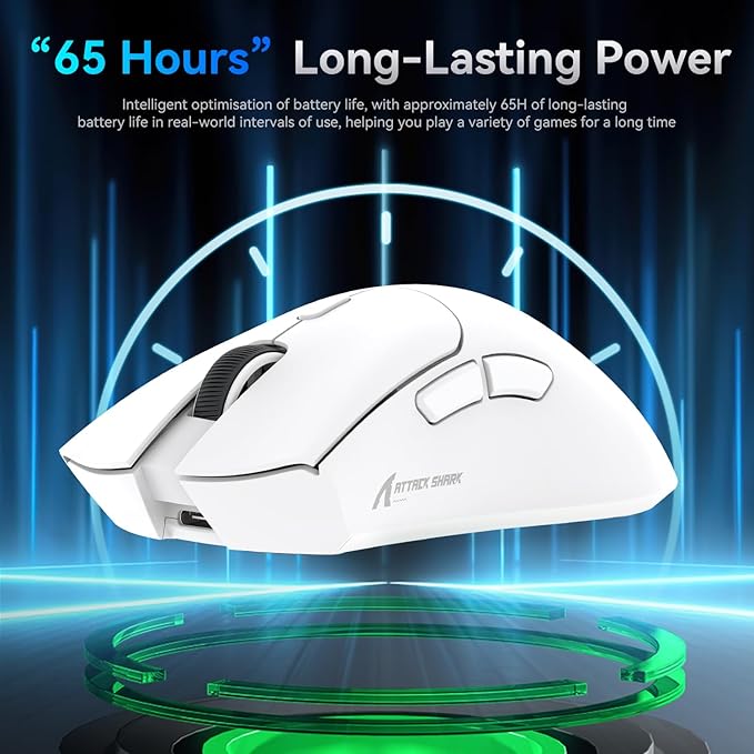 ATTACK SHARK R1 Superlight Gaming Mouse - 59g - 12,2 × 6,4 × 3,8cm - Kabellos & kabelgebunden - Bis zu 18.000 DPI - 65 Stunden Batterielaufzeit - Weiß