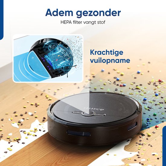 Heevey Staubsaugerroboter mit Wischfunktion - Intelligente Navigation - Automatische Ladestation - Wischroboter - Staubsaugerroboter für Haustiere - Inklusive App in niederländischer Sprache, Fernbedienung & Reinigungsset