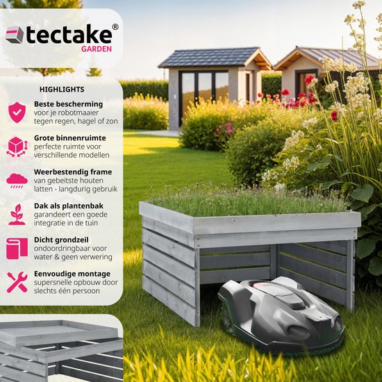 Tectake Mähroboter Garage - Holzgehäuse mit Gründach - Wetter- und UV-beständig - 84 x 78 x 46 cm - Grau