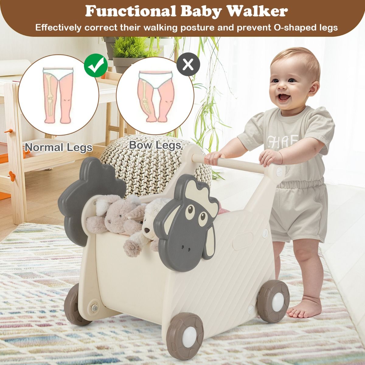 Coast Schaap Laufwagen für Kinder – 2-in-1-Aufbewahrungswagen und Lauflernhilfe – 18 Liter – Beige und Grau