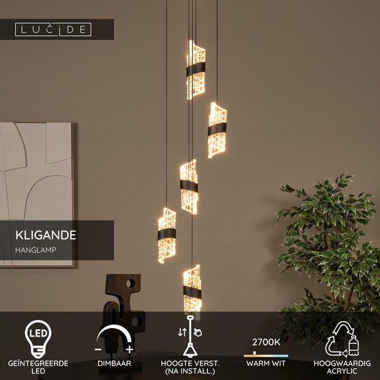 Lucide KLIGANDE – Hängeleuchte – Ø 30 cm – dimmbare LED – 5 × 8 W, 2700 K – Schwarz
