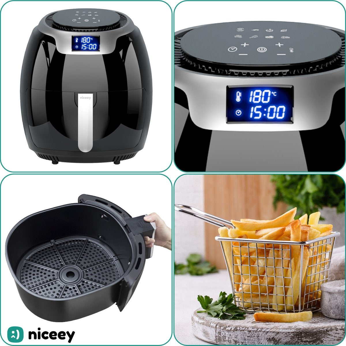 Niceey Airfryer XXL - Heißluftfritteuse - 8L - 1800W - Schwarz