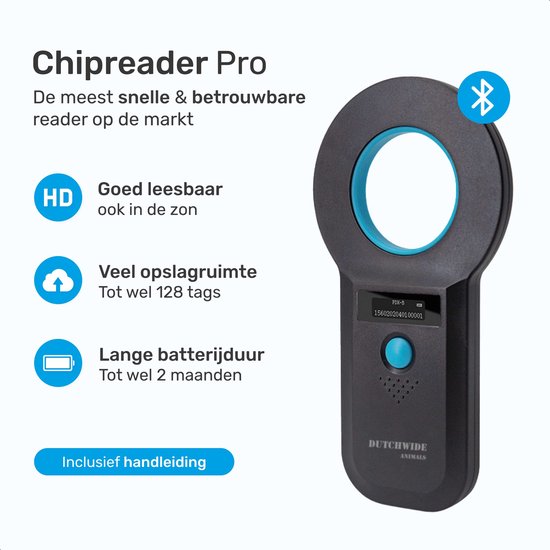 Dutchwide - Chip-Lesegerät für Haustiere - Chipreader Pro - bis zu 128 Tage - ISO11784/85 - schwarz