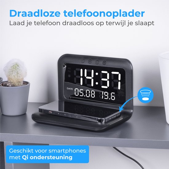 Nuvance - Digitaler Wecker - Digitaler Wecker für das Schlafzimmer - mit drahtlosem Ladegerät und USB-Ladeanschluss - mit Snooze-Funktion und Doppelalarm