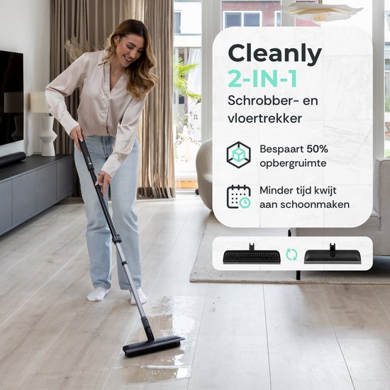 CLEANLY Schrubber und Bodenwischer mit Stiel - Reinigungsbürste - Schrubber - Schrubber mit Stiel - Schrubber - Wischer - Verstellbar 116-144 cm - Breite 30,5 cm - Schwarz, Grau
