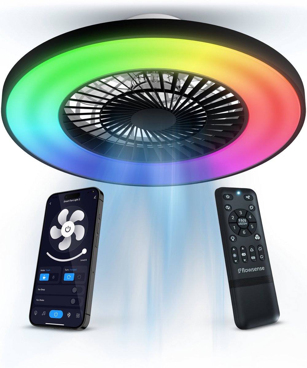 Flowsense Deckenventilator mit LED-Beleuchtung 60 cm - Schwarz - Leise & Energieeffizient - 6 Geschwindigkeiten - Fernbedienung & App-Steuerung