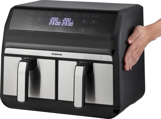 Inventum GF800HLD - Doppel-Luftfritteuse - Heißluftfritteuse - 2 x 4 Liter - 8 Programme - Duale Kochfunktion - 80 bis 200 Grad - PFAS frei - 1700 Watt - Schwarz/RVS