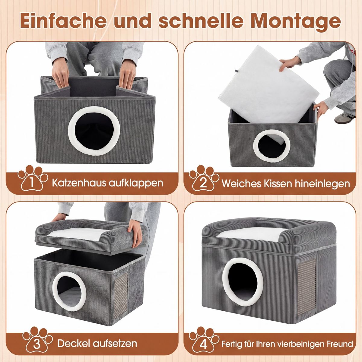 Coast Faltbares Katzenhaus – mit Sisal-Kratzmatte – weiches Kissen und erhöhte Ränder – grau