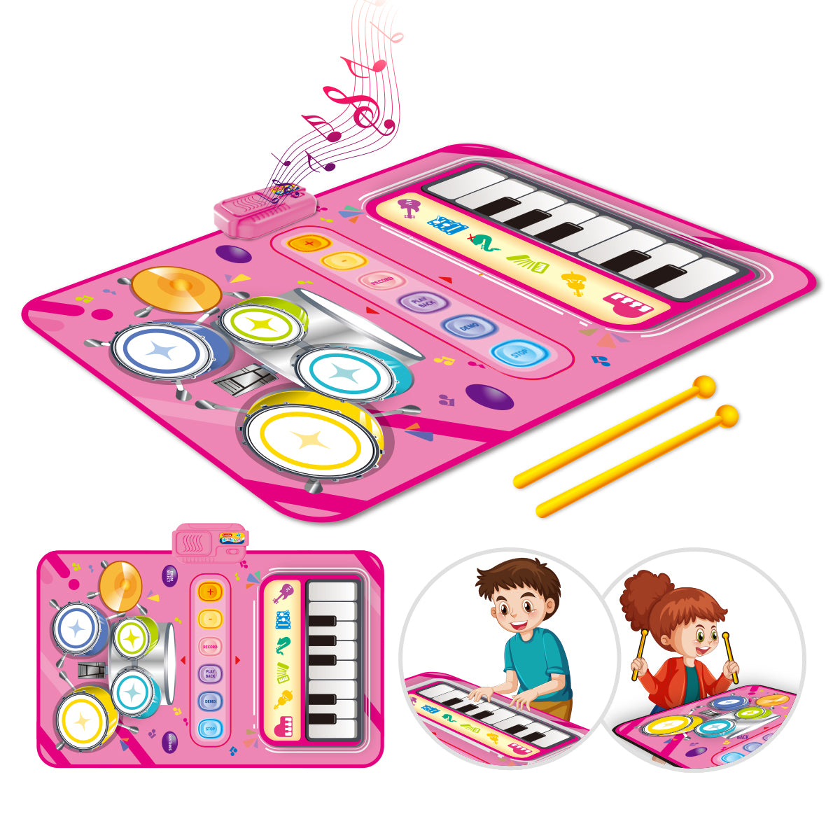 2-in-1-Spielmatte mit Klavier- und Jazz-Schlagzeug für Kinder, rosa