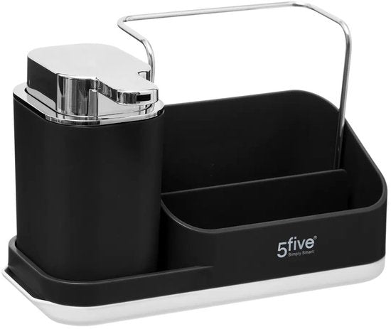 5Five Seifenspender mit Organizer für die Küchenzeile – schwarz – 3 Fächer – Kunststoff – 22 x 13 x 14 cm