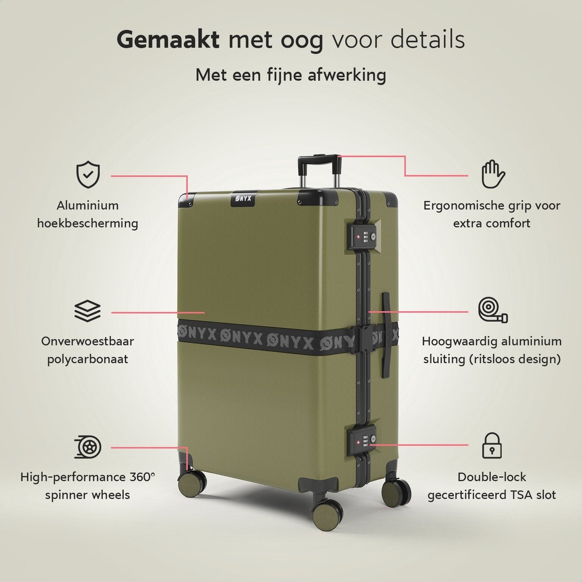 ONYXÂ® Check-in-Koffer 100L - TSA-Schloss - Spinner-Räder - Leichter Trolley - Aluminiumverschluss - Olivgrün