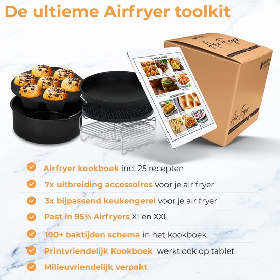 Happy Goods Heißluftfritteuse XL Zubehör - geeignet für Airfryer Zubehör - ⌀ 20 CM - Backpapier - Silikon Backblech - Backform Rund - Muffin Backformen - Inkl. Kochbuch