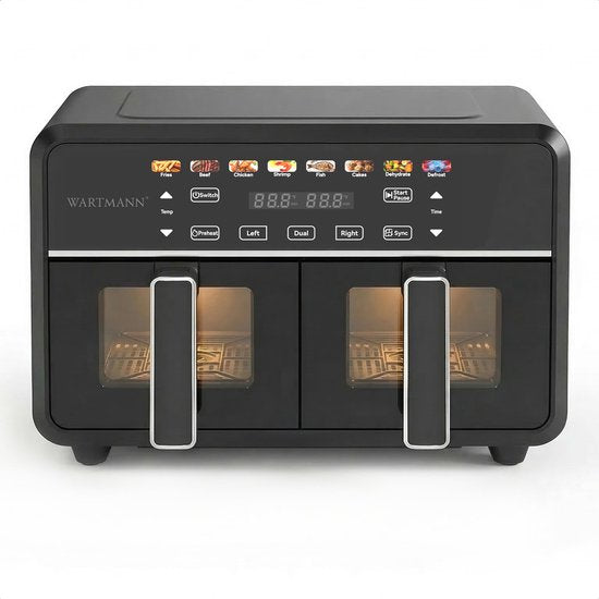 Doppel-Heißluftfritteuse XXL 11 l - PFAS-freie Heißluftfritteuse – Infrarot – Dual Zone – 2 x 5,5 l – 40–200 °C – 8 Kochprogramme – 2850 W – WM-2511 AF – Schwarz