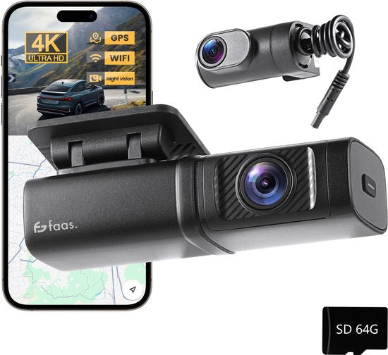 Dashcam für Auto vorne und hinten - 4K und 64GB - Dual Dashcam - G-Sensor und Zeitrafferfunktion - Schwarz - von Faas